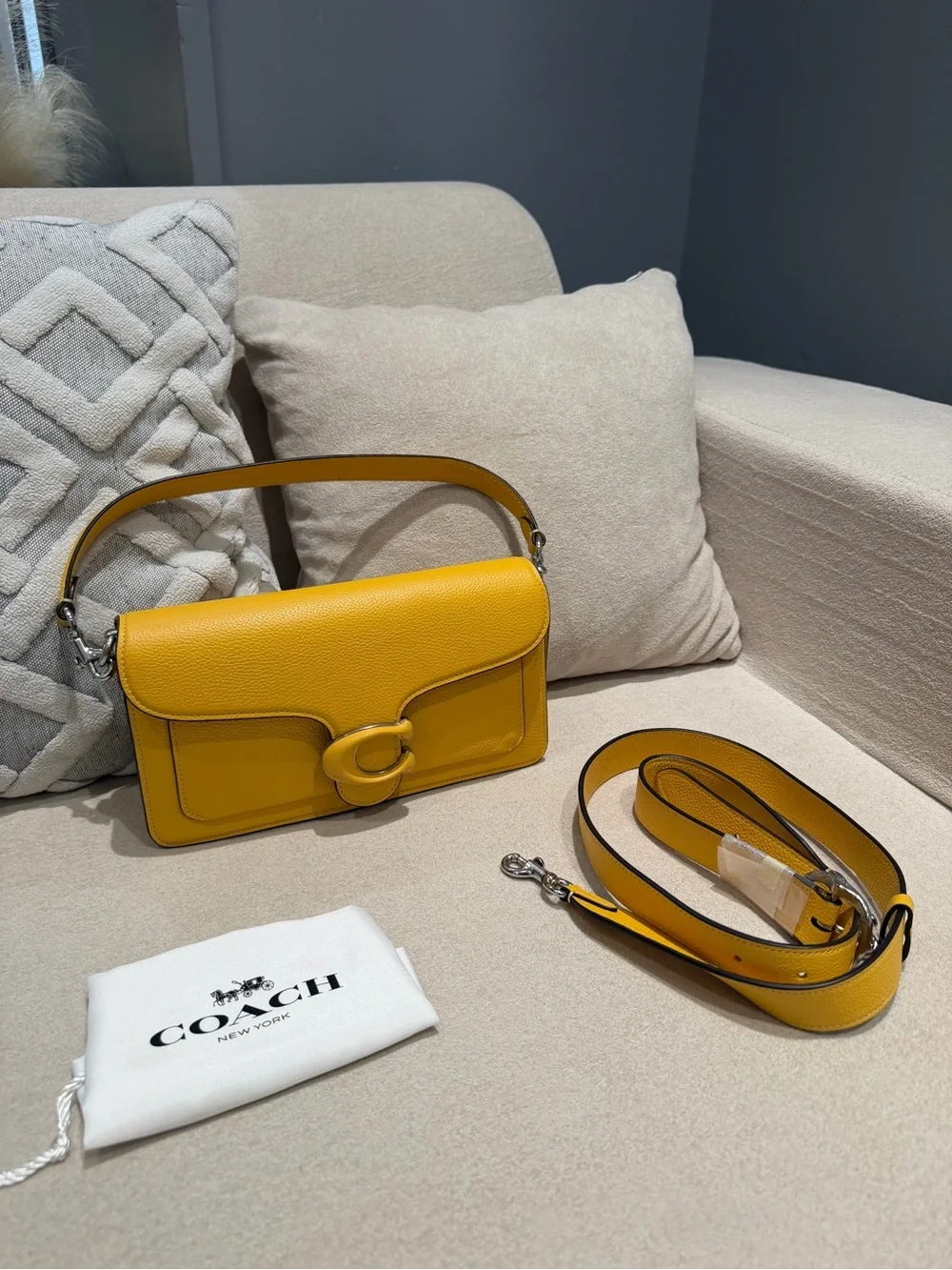 Coach Yellow Pebbled Leather Shoulder Bag with Detachable Strap
